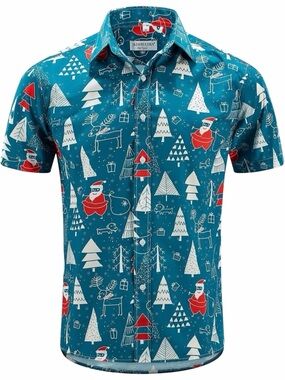 NWOT J&Dhuashua Blue Santa Short Sleeve Christmas Button Down - Size XL